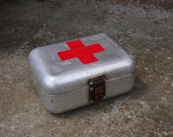 FIRST AID BOX Vintage Hungarian Medical First Aid Supplies Aluminum Tin Box Military Collectible Army Medicine Box, Old and Nostalgic