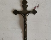 Vintage Crucifix / Cross, with Detailed  Metal, Jesus, antique from home chapel religious collectible mounted on wood