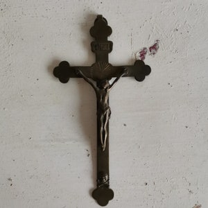 Vintage Crucifix / Cross, with Detailed  Metal, Jesus, antique from home chapel religious collectible mounted on wood