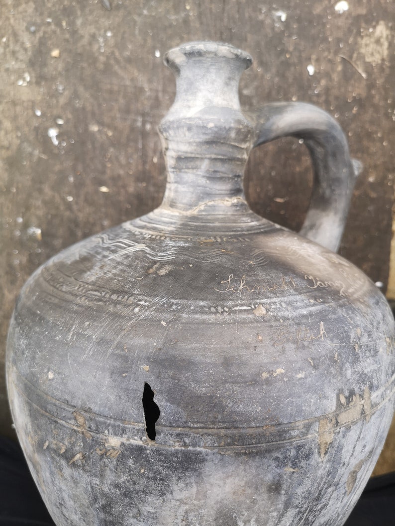 Black Terracotta Vintage earthenware clay handmade pottery jug bottle water wine c1930s Hungarian, Pot, Flask, wine pitcher Vase Decor image 4