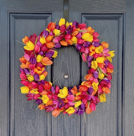 Spring Tulip Wreath Purple Pink Orange And Yellow Tulip Etsy