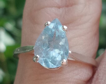 Natural Blue Aquamarine Pear Cathedral Solitaire Ring Sterling Silver Size US 6 March Birthstone Engagement Promise