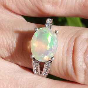 Ethiopian Welo Opal Oval Faceted Solitaire CZ Accents Ring Sterling Silver 925 Size US 7.5 October Birthstone Engagement