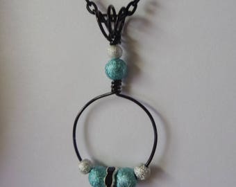 Turquoise and Silver Stardust with Black Rhinestone Beaded Black Wire Wrap Hoop Pendant Necklace