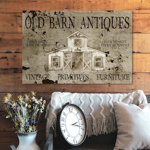 Old Barn Antiques, Large Canvas Wall Art, Faux Metal Sign, Primitive Decor, Rustic Wall Art, Vintage Antiques Sign