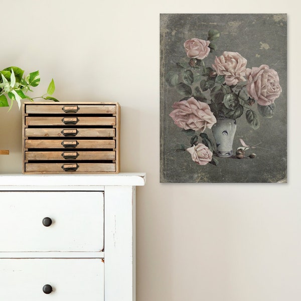 Cottage Roses Canvas Flat, Vintage Spring Decor, Vintage Decor, Rolled Canvas Art, Rolled Canvas Print, Unframed Canvas Art