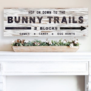 Bunny Trails Sign, Easter Bunny Decor, Roadside Sign, Chippy Paint Sign, Large Canvas Art, Easter Wall Art, Farmhouse Easter Decorations image 1