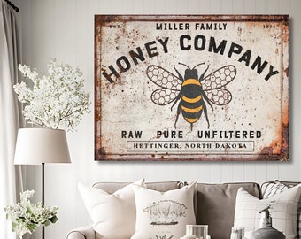 Personalized Honey Company, Faux Metal Art, Large Canvas Wall Art, Personalized Gifts, Apiary Gifts, Farmhouse Decor, Honeybee Decor