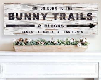 Bunny Trails Sign, Easter Bunny Decor, Roadside Sign, Chippy Paint Sign, Large Canvas Art, Easter Wall Art, Farmhouse Easter Decorations