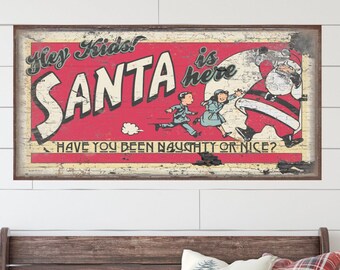 Vintage Santa Canvas Sign, Naughty Or Nice, Holiday Decor