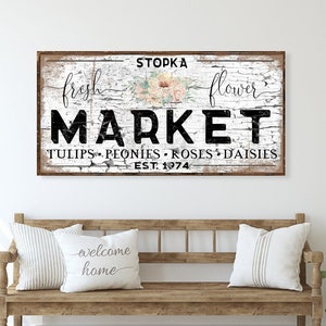 Chippy Flower Market Canvas Sign, Modern Farmhouse Decor, Large Canvas Wall Art, Spring Flowers Sign, Old Time Signs, Shabby Chic Decor