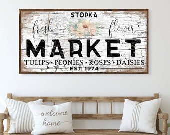 Chippy Flower Market Canvas Sign, Modern Farmhouse Decor, Large Canvas Wall Art, Spring Flowers Sign, Old Time Signs, Shabby Chic Decor