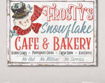 Decoração de Natal, Arte de Parede em Tela para Café e Padaria Frosty's Snowflake, Placas de Natal, Natal Retrô, Placas de Natal Vintage, Placa Antiga, Arte de Boneco de Neve