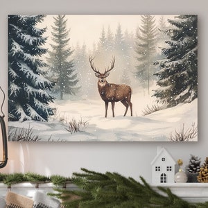 Winter Decor, Deer Landscape Art, Majestic Buck in a Snowy Forest, Large Canvas Wall Art, Winter Deer Print, Woodland Hunter Gift, Deer Gift