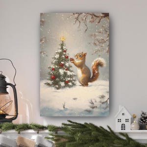 Winter Squirrel Canvas, Holiday Decor, Woodland Art, Holiday Wall Art, Christmas Signs, Animal Lover Gift, Christmas Decor, Vintage Style
