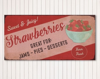 Retro Strawberries Sign, Vintage Farmhouse Sign, Vintage Kitchen Decor, Large Canvas Sign, Retro Kitchen Wall Art
