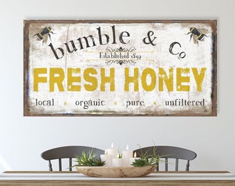 Bumble & Co Fresh Honey Sign, Modern Farmhouse Decor, Large Canvas Wall Art, Antiques Sign, Spring Decor, Old Time Signs, Rustic Decor