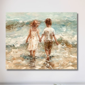 Casa sulla spiaggia - Arte stampabile, una giornata in spiaggia, download digitale, dipinto costiero vintage, bambini in spiaggia, paesaggio oceanico, arte marina