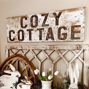 Cozy Cottage Sign, Large Canvas Wall Art, Vintage Cottage Canvas, Rusty Distressed Canvas Wall Art, Cottagecore Decoration, Best Friend Gift image 1