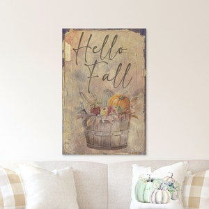 Hello Fall, Fall Decor, Vintage Fall Sign, Fall Wall Art, Large Canvas Sign, Fall Decor, Nostalgic Decor, Faux Wood Sign