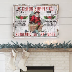 Santa Claus Sign, Christmas Sign, Vintage Holiday Decor, Large Canvas Wall Art, Vintage Signs, Antique Signs, Oversized Wall Art