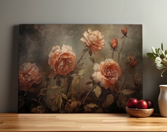 Gift Ideas for Mom, Wild Roses, Moody Wall Art, Vintage Cottage Decor, Floral Wall Art, Modern Cottage, Large Canvas Wall Art, Rose Painting