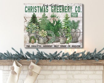 Christmas Greenery Co, Faux Wood Sign, Christmas Sign, Vintage Holiday Decor, Large Canvas Wall Art, Vintage Signs, Antique Signs, Mistletoe