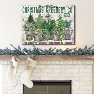 Christmas Greenery Co, Faux Wood Sign, Christmas Sign, Vintage Holiday Decor, Large Canvas Wall Art, Vintage Signs, Antique Signs, Mistletoe