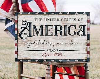 America ~ God Shed His Grace On Thee, Fourth Of July Sign, Patriotic Decor, Vintage Reproduction,  Farmhouse Wall Art, Large Canvas Sign