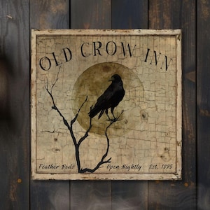 Old Crow Inn Canvas Sign: Rustic Halloween Farmhouse Decor
