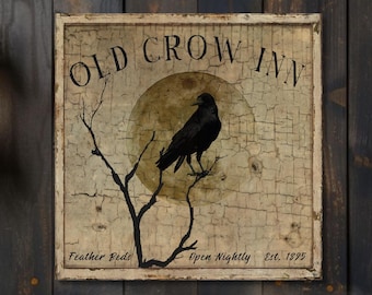 Old Crow Inn Canvas Sign: Rustic Halloween Fall Decor