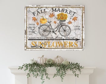 Fall Market With Sunflowers Sign, Farmhouse Fall Sign, Vintage Fall Decor, Large Canvas Signs, Vintage Signs, Antique Bicycle Signs