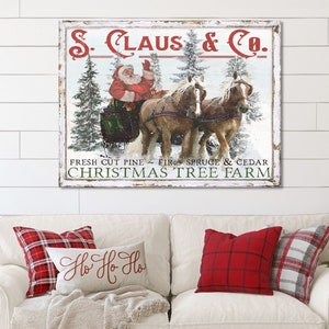 S Claus & Co Christmas Tree Farm, Christmas Decor, Retro Christmas, Large Canvas Signs, Vintage Holiday Signs, Antique Sign, Santa Art