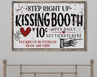 Kissing Booth Step Right Up, Vintage Valentines Decor, Large Canvas Signs, Vintage Wall Art, Valentines Day Decor, Valentines Decorations