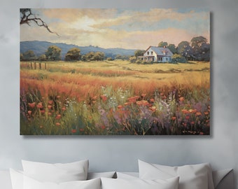 Ländliche Landschaft Print, Frühling am Bauernhaus, Vintage Malerei, Vintage Bauernhaus Dekor, Große Leinwand Wandkunst, Wildblumen Feld Kunst