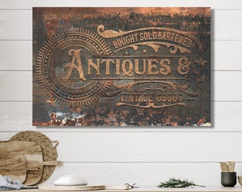 Faux Metal Antiques Sign, Vintage Decor, Large Canvas Signs, Vintage Wall Art, Vintage Wall Decor, Rusty Sign, Antique Sign