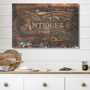 Faux Metal Antiques Sign, Vintage Decor, Large Canvas Signs, Vintage Wall Art, Vintage Wall Decor, Rusty Sign, Antique Sign