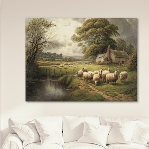 Sheep Grazing By The River, Vintage Art Reproduction, Vintage Home Decor, Large Canvas Wall Art, Vintage Farmhouse Decor, Vintage Landscape