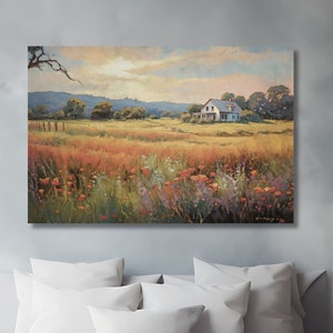 rural landscape canvas wall art with wildflowers, a farmhouse and mountains