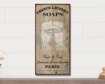 French Laundry Soap, Vintage Farmhouse Sign, French Country Decor, Vintage Inspired Art, Rustic Canvas Sign, Laundry Room Sign