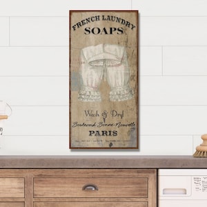 French Laundry Soap, Vintage Farmhouse Sign, French Country Decor, Vintage Inspired Art, Rustic Canvas Sign, Laundry Room Sign image 1