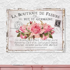 La Boutique De Fleurs, Canvas Wall Art, Floral Sign, French Country Decor, Vintage Signs, Farmhouse Decor, Oversized Wall Art