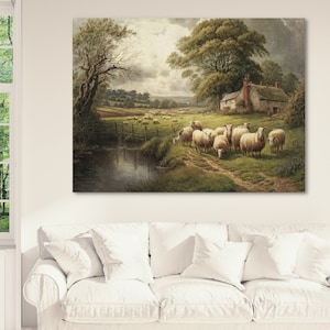 Sheep Grazing By The River, Vintage Art Reproduction, Vintage Home Decor, Large Canvas Wall Art, Vintage Farmhouse Decor, Vintage Landscape