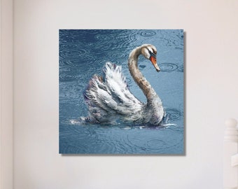 Schwan im Regen Kunst modernes Bauernhaus Wohnkultur Swan Lake Blau Kunst beruhigendes Kunstwerk Schwan Leinwand Wandkunst Grandmillenial Decor