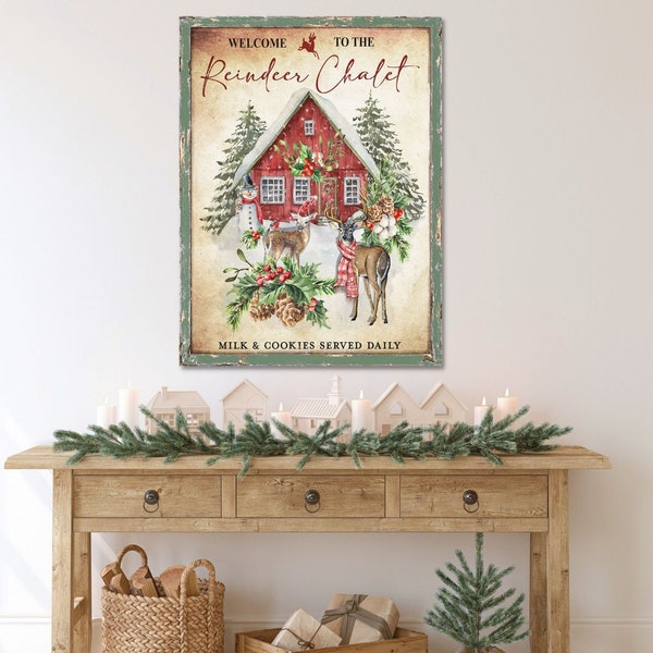 Reindeer Chalet, Christmas Decor, Retro Christmas, Large Canvas Signs, Vintage Holiday Signs, Antique Sign, Reindeer Decor