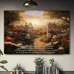 in the garden hymn wall art on canvas. And he walks with me. Features a beautiful garden at sunrise