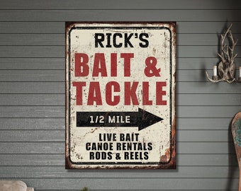Personalized Bait & Tackle Faux Metal Sign, Fisherman Gift, Large Canvas Wall Art, Street Sign, Rustic Gifts For Dad, Gift Ideas For Him