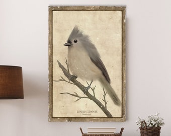 Tufted Titmouse Print, Vintage Bird Sign, Winter Bird Decor, Bird Art, Winter Wall Art, Large Canvas Sign, Bird Prints,