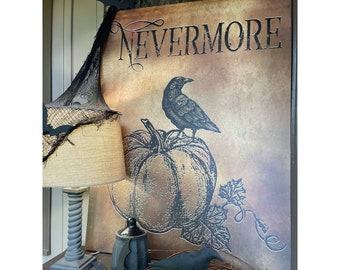 Nevermore Halloween Sign, Edgar Allen Poe Quote, Spooky Halloween Decor, Crow and Pumpkin, Halloween Canvas Art, Scary Halloween Decor