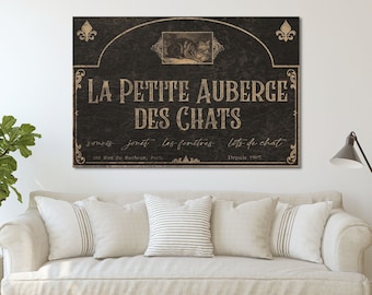 French Hotel Sign, La Petite Auberge Des Chats, The Little Cat Inn, Cat Lovers Gift, Large Canvas Wall Art, French Decor, Vintage Hotel Sign